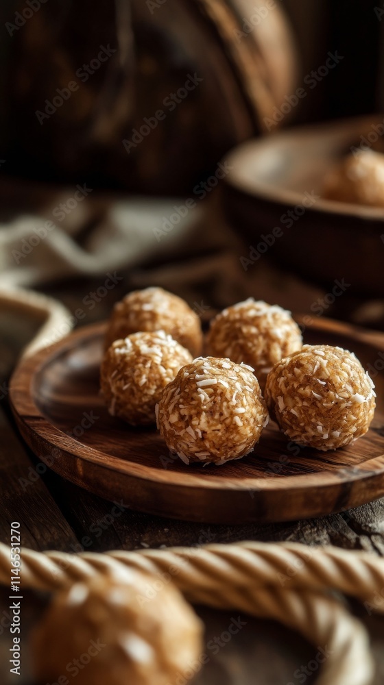 Rustic Energy Bites on Wooden Plate with Skipping Rope - Fitness and Wellness Concept Rustic Energy Bites on Wooden Plate with Skipping Rope - Fitness and Wellness Concept