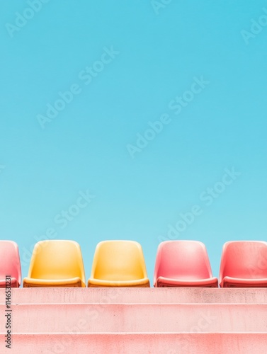 Minimalist South Korean Stadium with Vibrant Seating and Pastel Sky photo