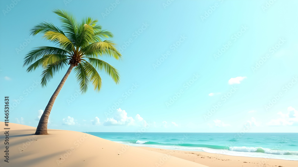 Tranquil beach scene: A lone palm tree sways gently on a pristine sandy shore, turquoise waves lapping softly. Pure serenity. Tranquil beach scene: A lone palm tree sways gently on a pristine sandy shore, turquoise waves lapping softly. Pure serenity.