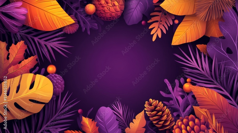 Fototapeta premium Vibrant Seasonal Illustration Featuring Colorful Leaves and Pine Cones for Christmas and New Year Celebrations
