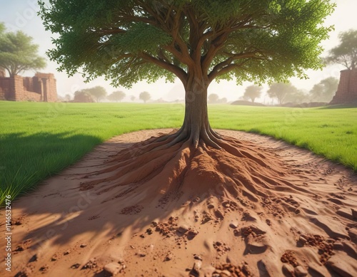 A large tree growing out of a bed of brown brick sand with lush green grass surrounding it , green, outdoor, nature photo