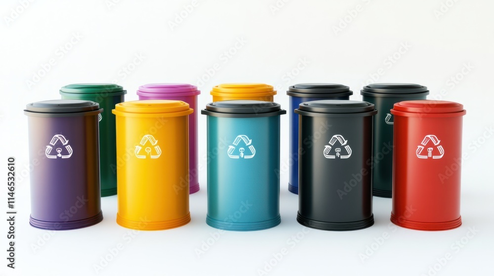 A collection of recycling bins in various colors with clearly labeled icons for paper, plastic, and metal, isolated on white A collection of recycling bins in various colors with clearly labeled icons for paper, plastic, and metal, isolated on white