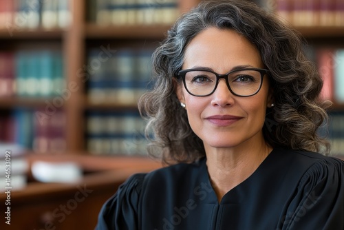 A striking portrait of a female judge with curly hair wearing judicial robes, sitting confidently in a legal library, embodying professionalism, intelligence, and authority.