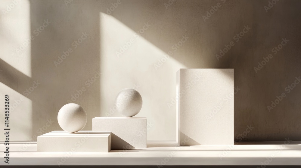 Minimalist composition of geometric shapes casting shadows in soft light. Minimalist composition of geometric shapes casting shadows in soft light.