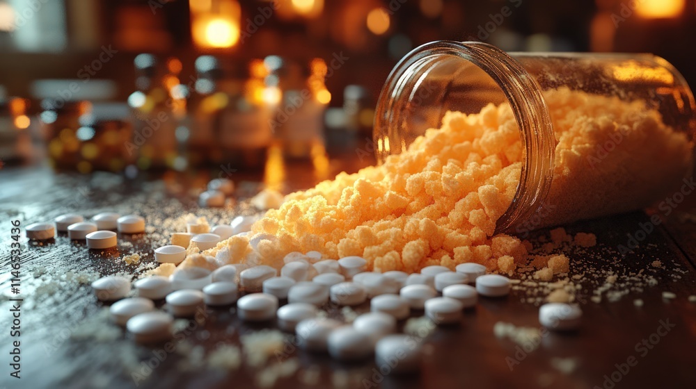 Spilled orange powder and white pills from a glass jar on a dark wooden surface. Spilled orange powder and white pills from a glass jar on a dark wooden surface.