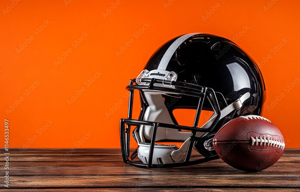 Naklejka premium Black Football Helmet and Ball on Wooden Table with Orange Background, AI generated illustration.