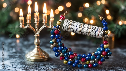 Hanukkah Menorah with Colorful Beads and Festive Lights photo