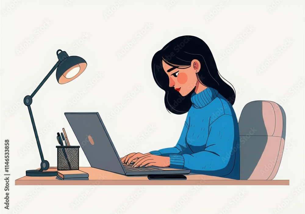 Woman working diligently at her desk with a laptop and desk lamp Woman working diligently at her desk with a laptop and desk lamp