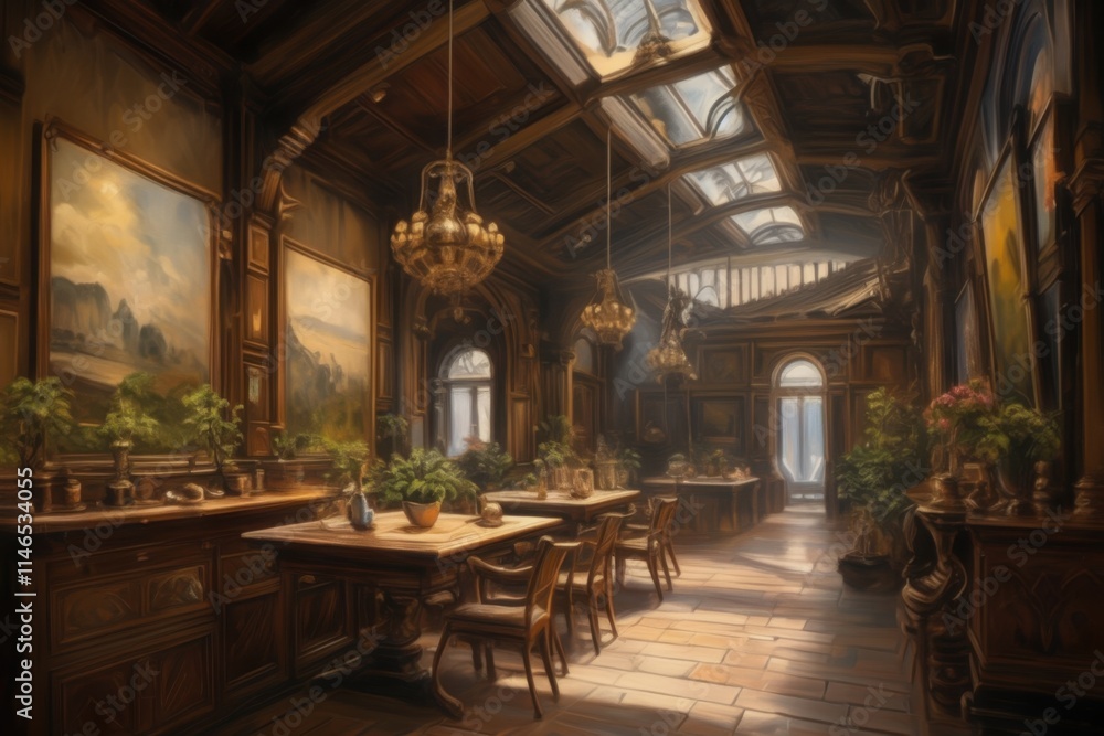 a painting of a dining room with a skylight a painting of a dining room with a skylight