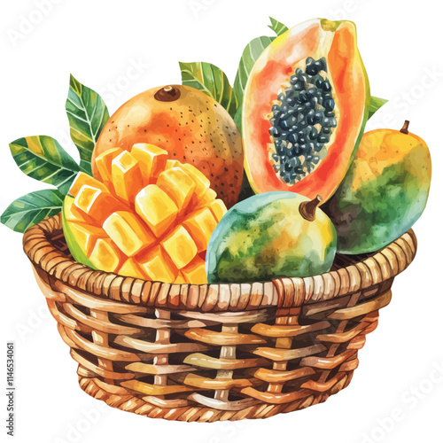 A watercolor vector of a tropical fruit basket with mangoes and papayas, isolated on a white background. Tropical fruit basket vector.
