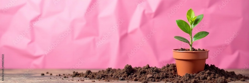 A small potted plant on a crumpled pink background with soil, foliage, leafy, garden A small potted plant on a crumpled pink background with soil, foliage, leafy, garden