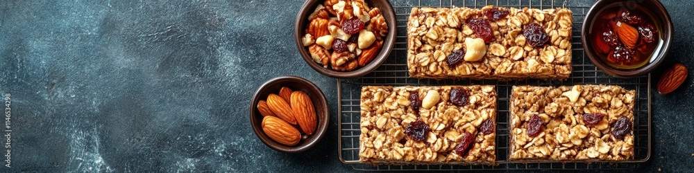 Freshly Baked Granola Bars with Nuts and Dried Fruit on Dark Rustic Background Freshly Baked Granola Bars with Nuts and Dried Fruit on Dark Rustic Background