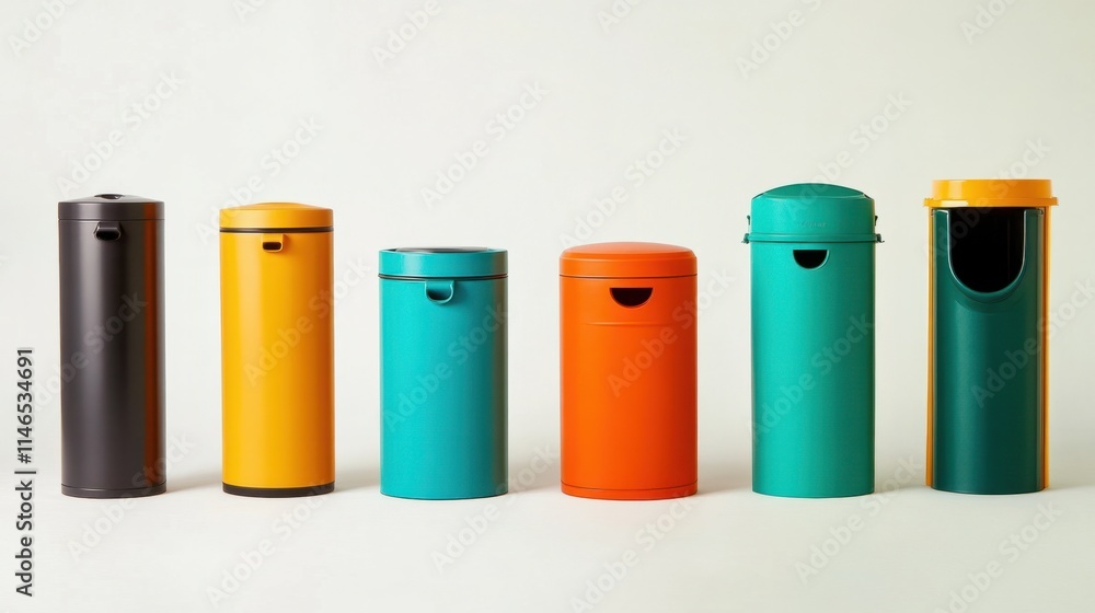 A modern lineup of waste bins in sleek designs and vibrant colors, including orange and teal, perfect for recycling, on white A modern lineup of waste bins in sleek designs and vibrant colors, including orange and teal, perfect for recycling, on white
