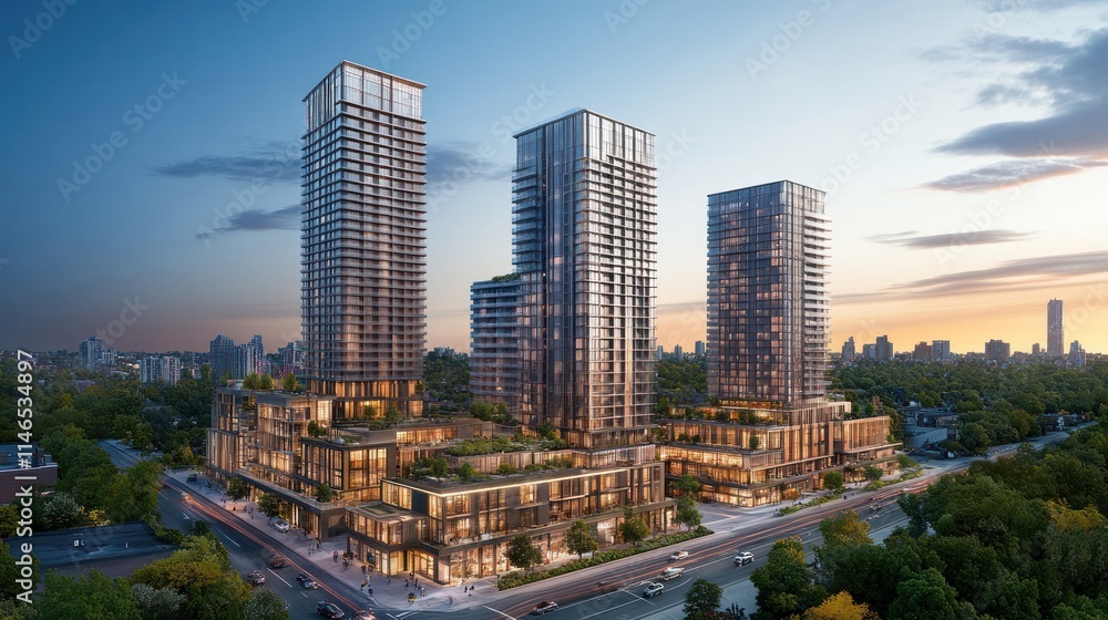 Modern architectural design featuring three high-rise buildings with greenery and urban setting. Modern architectural design featuring three high-rise buildings with greenery and urban setting.