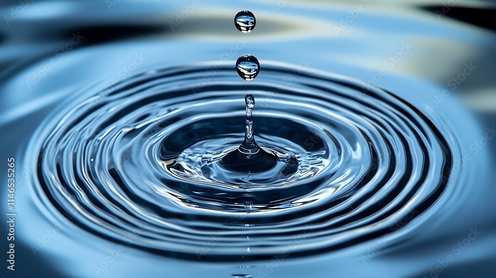 Smooth water droplet creating ripples in symmetrical circular patterns Smooth water droplet creating ripples in symmetrical circular patterns