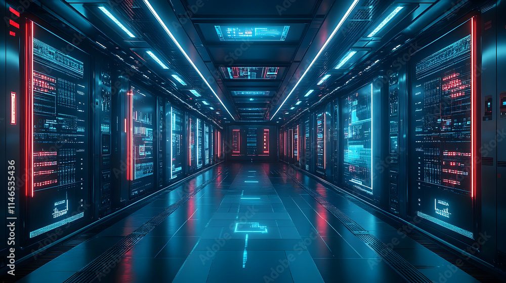 Futuristic data center corridor illuminated with neon lights and high-tech servers. Futuristic data center corridor illuminated with neon lights and high-tech servers.