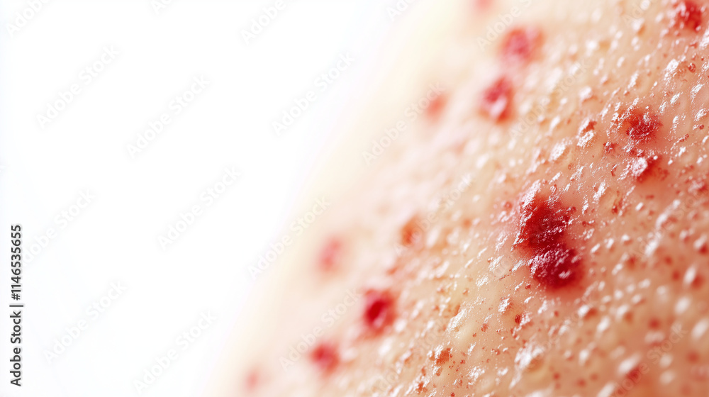 Fototapeta premium Detailed close-up of dry, flaky skin affected by eczema or dermatitis, showing redness and small cracks. The skin surface is uneven with rough, dry patches, emphasizing the harsh A