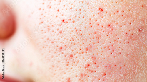 A close-up image of irritated, flaky skin showing the telltale signs of eczema, with red patches and small cracks scattered across the surface. The uneven texture of the skin highl photo