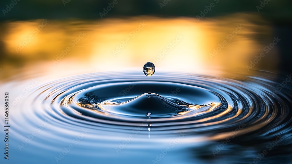 Round water droplet impacting calm reflective surface creating circular ripples Round water droplet impacting calm reflective surface creating circular ripples