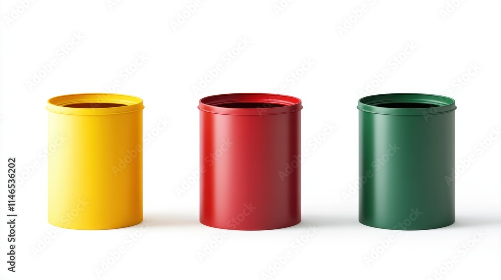 A vibrant set of garbage bins in different colors, including yellow, red, and green, showcasing eco-conscious designs, isolated on white A vibrant set of garbage bins in different colors, including yellow, red, and green, showcasing eco-conscious designs, isolated on white