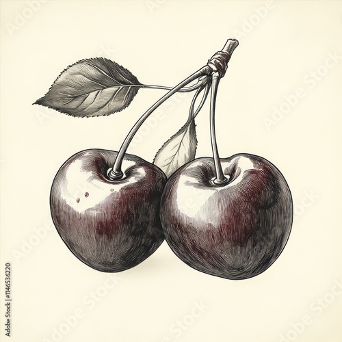 Wallpaper Mural Two ripe cherries with leaves, hand-drawn illustration. Torontodigital.ca