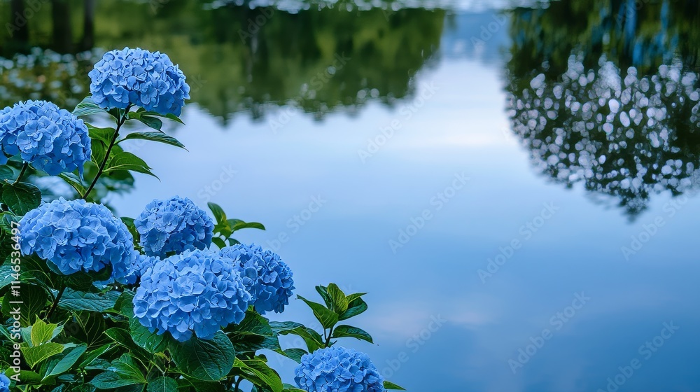 Blue hydrangeas on a serene pond surface, close-up shot, Minimalist style Blue hydrangeas on a serene pond surface, close-up shot, Minimalist style