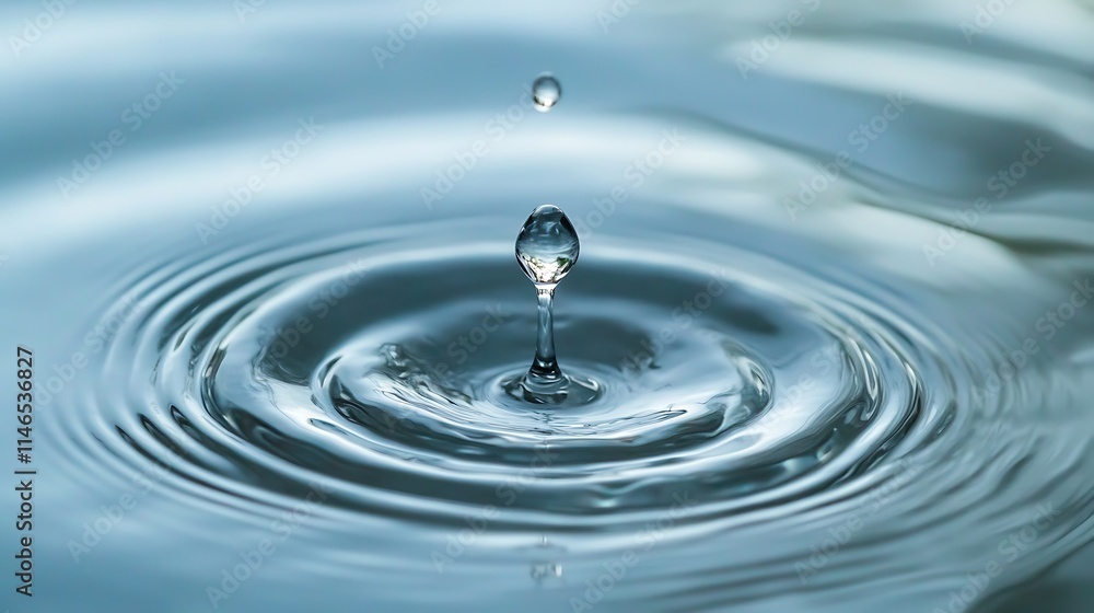 Single clear droplet with circular waves forming on a neutral water surface Single clear droplet with circular waves forming on a neutral water surface