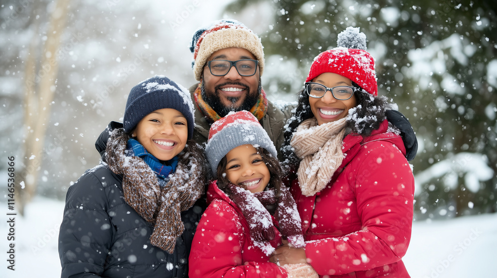 A joyful family dressed in warm winter coats, scarves, and mittens, posing together in a snow-covered forest. The scene radiates love and togetherness, making it perfect for themes A joyful family dressed in warm winter coats, scarves, and mittens, posing together in a snow-covered forest. The scene radiates love and togetherness, making it perfect for themes