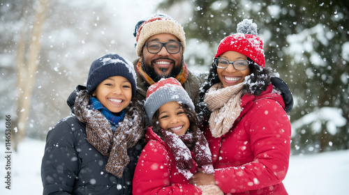 A joyful family dressed in warm winter coats, scarves, and mittens, posing together in a snow-covered forest. The scene radiates love and togetherness, making it perfect for themes