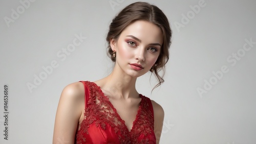 Wallpaper Mural Imposing woman with a confident expression posing in a red dress on a gray background Torontodigital.ca