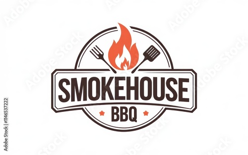 Smokehouse BBQ Logo with Flame, Grilling Tools, and Circular Border photo