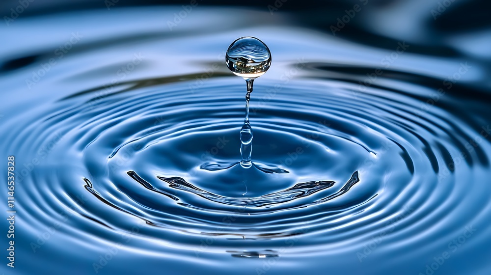 Clear isolated water droplet creating ripples spreading in smooth circular patterns Clear isolated water droplet creating ripples spreading in smooth circular patterns