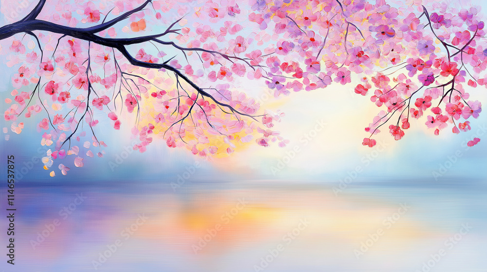 A pastel scene of cherry blossoms falling gently onto a serene pond , imagine oil painting, impressionist style, landscape, golden hour A pastel scene of cherry blossoms falling gently onto a serene pond , imagine oil painting, impressionist style, landscape, golden hour