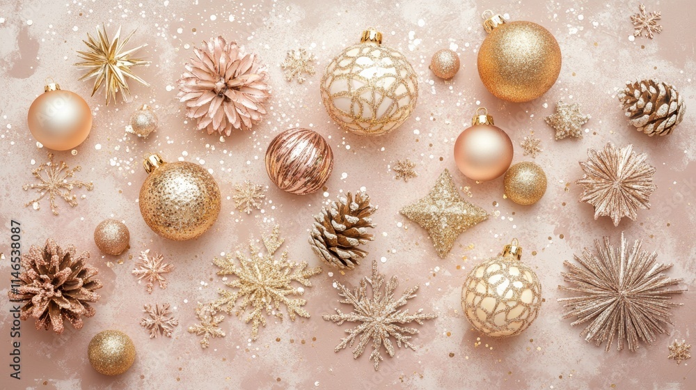 New Year Wishes! Top-view photo of chic tree decorations, golden ornaments, sparkling stars, snowflakes, sequins on a gentle pastel base, awaiting your message or advertising New Year Wishes! Top-view photo of chic tree decorations, golden ornaments, sparkling stars, snowflakes, sequins on a gentle pastel base, awaiting your message or advertising