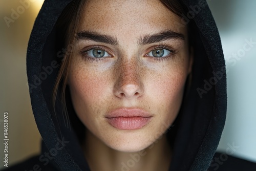 A close-up of a young woman with striking freckles and captivating green eyes in a black hoodie, showcasing a mix of vulnerability and strength in her expression. photo