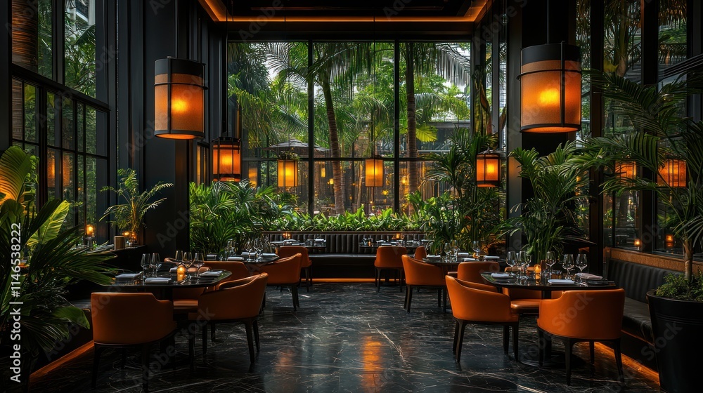 Naklejka premium Luxurious restaurant interior with tropical garden view, orange chairs, and warm lighting.