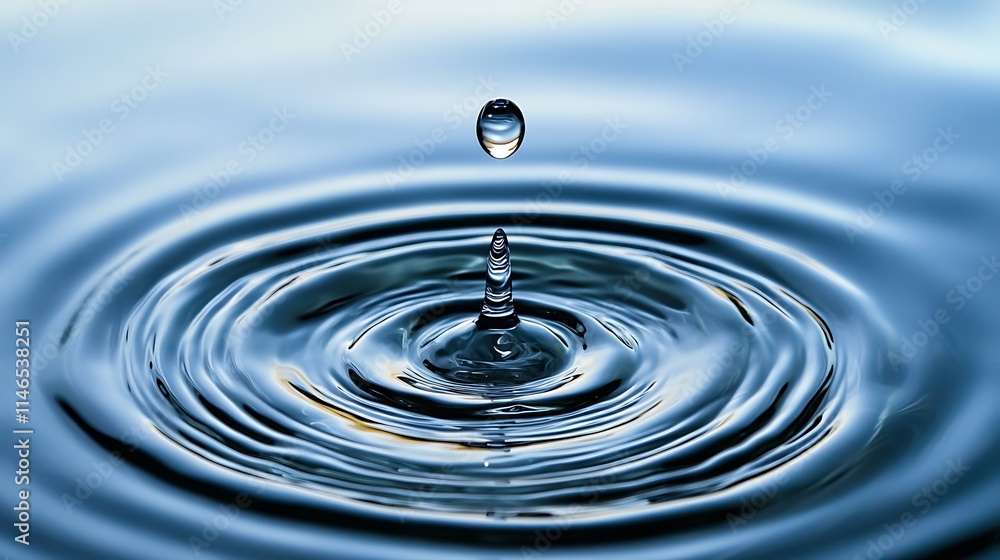 Smooth clear water droplet generating perfect circular ripples across calm water Smooth clear water droplet generating perfect circular ripples across calm water