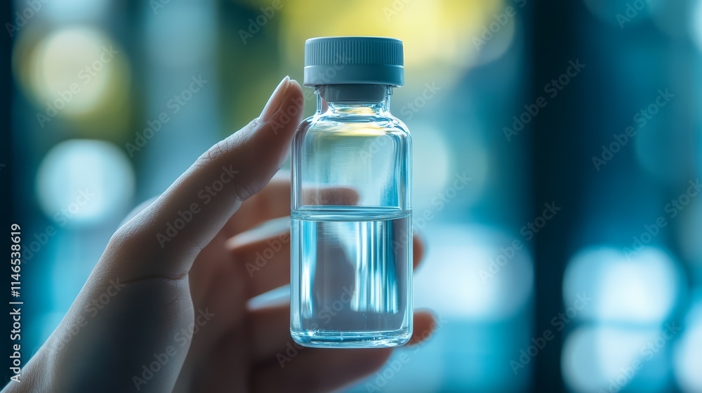 Hand Holding Vial with Clear Liquid and White Cap Hand Holding Vial with Clear Liquid and White Cap