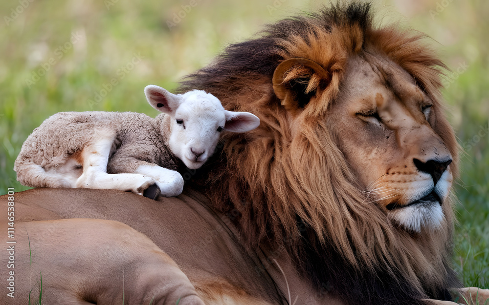 Fototapeta premium Lamb on the backrest of lion in the jungle 