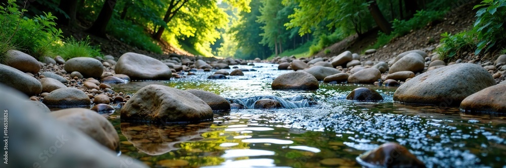 Boulders and pebbles scattered along the riverbank, stream, rocks Boulders and pebbles scattered along the riverbank, stream, rocks