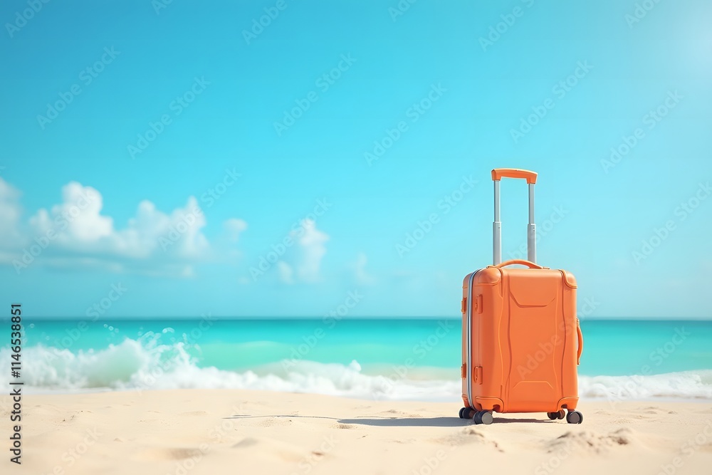 Vibrant Orange Rolling Suitcase on Pristine Beach Vibrant Orange Rolling Suitcase on Pristine Beach