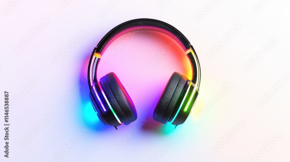Futuristic wireless headphones with dynamic rainbow LED lighting around the ear pads, isolated on a clean white background Futuristic wireless headphones with dynamic rainbow LED lighting around the ear pads, isolated on a clean white background
