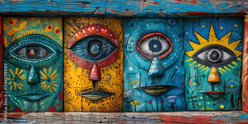 Fototapeta premium Quadruple Wooden Face Panel with Stylized Eyes
