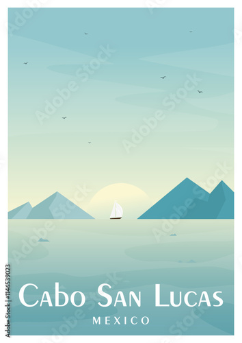 Mexico poster summer seascape. Cabo San Lucas flat illustration poster. Mediterranean landscape