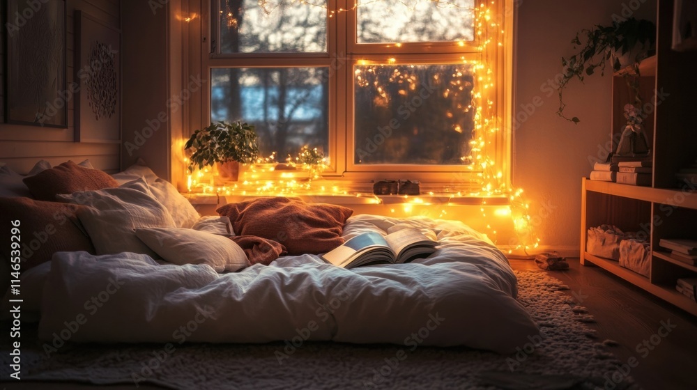 Fototapeta premium cozy bedroom with fairy lights and open book