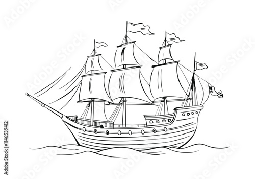 Minimalist Continuous Line Art of a Vintage Pirate Ship with Tall Masts and Sails in a Nautical Adventure Style