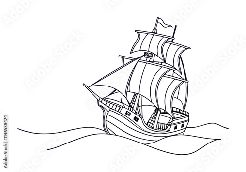 Minimalist Continuous Line Art of a Vintage Pirate Ship with Tall Masts and Sails in a Nautical Adventure Style