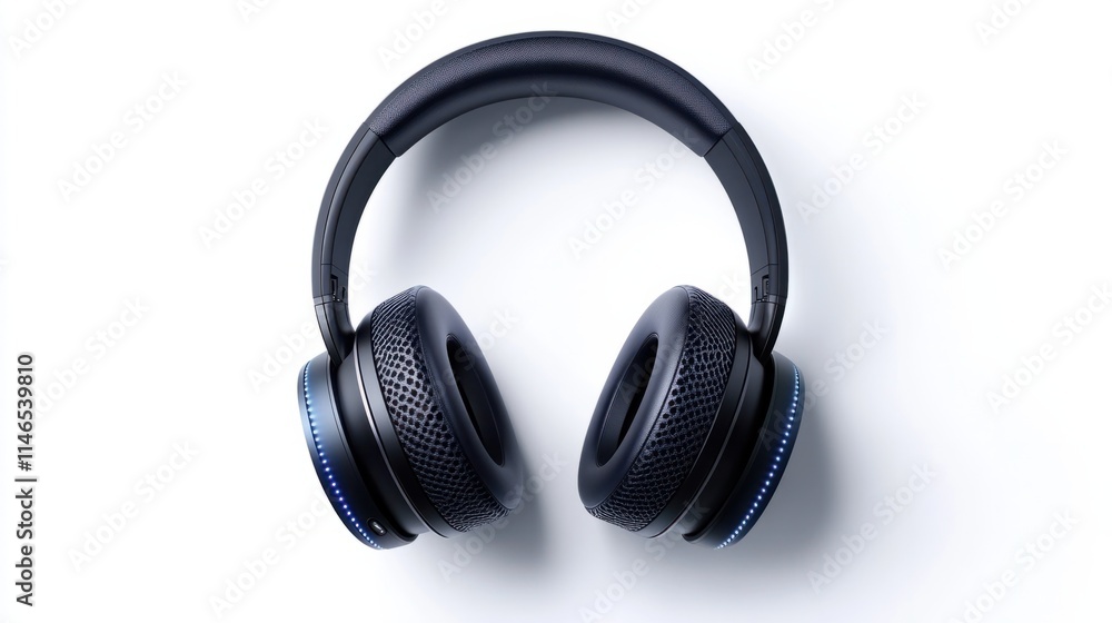 Over-ear wireless headphones featuring dynamic LED wave patterns on the ear cups, isolated on a clean white background Over-ear wireless headphones featuring dynamic LED wave patterns on the ear cups, isolated on a clean white background