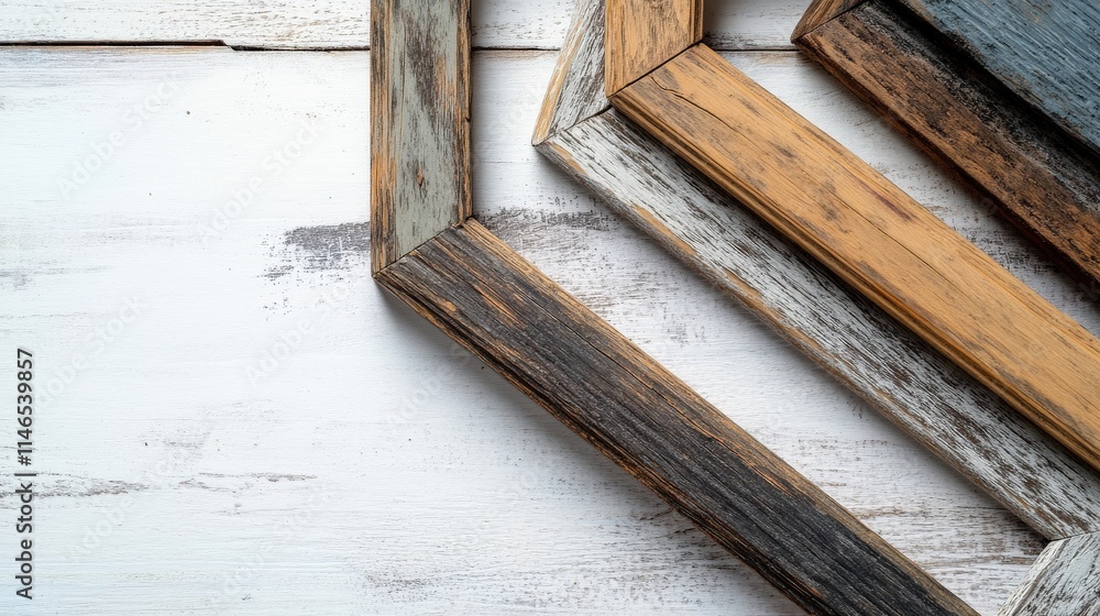 Rustic Wooden Frames Arranged on White Painted Wood Rustic Wooden Frames Arranged on White Painted Wood