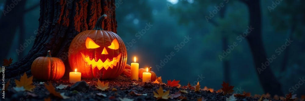 Carved pumpkin with eerie glow on dark tree trunk, glowing light, pumpkins with candles Carved pumpkin with eerie glow on dark tree trunk, glowing light, pumpkins with candles